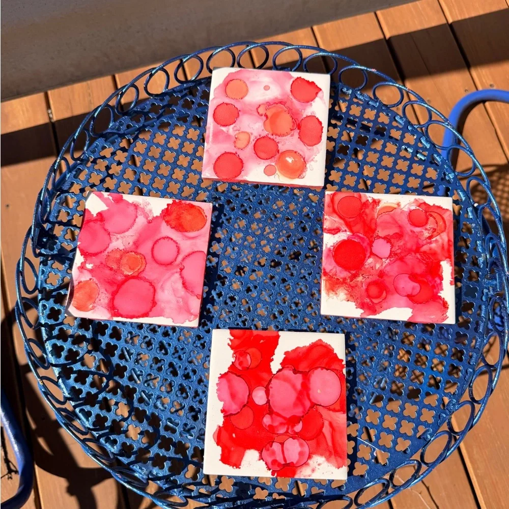 Red Alcohol Ink Coasters Set of 4, Abstract Ceramic Tile Decor